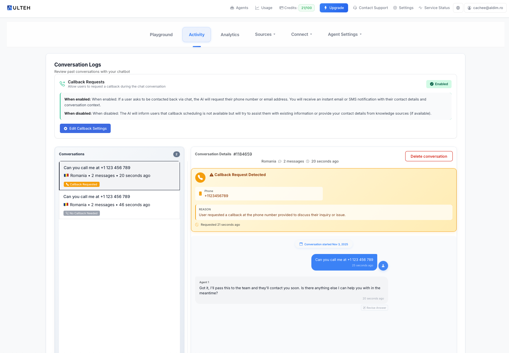 Prezentare generală a filei Activitate