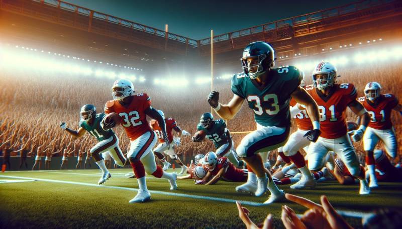 O imagine captivantă a jocului Super Bowl LIX, surprinzând intensitatea jucătorilor pe teren sub luminile stadionului.