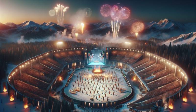 O vedere panoramică a ceremoniei de deschidere a Jocurilor Olimpice de Iarnă 2026 la Milano-Cortina, prezentând spectacole și lumini uimitoare.